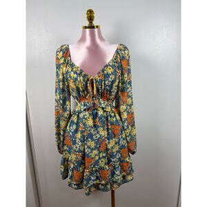 Sienna Sky Blue Floral Mini Dress Long Sleeve Boho Cottagecore Tie Front Flowy S
